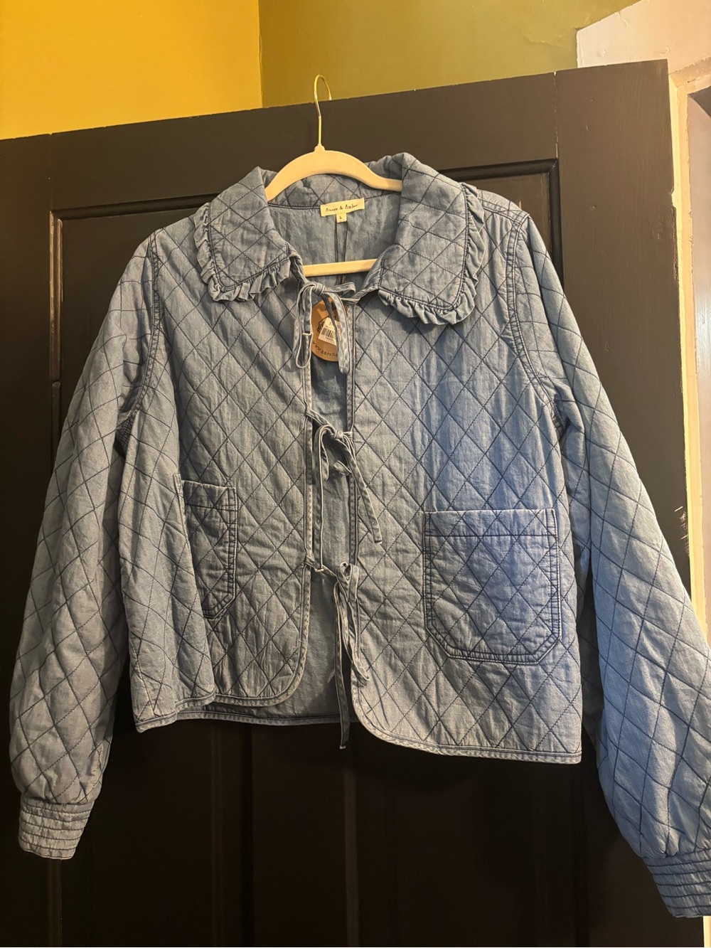 Quilted Light Blue Denim Jacket with Tie Front - Women's